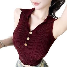 Women's Knitted Ribbed Golden Button Sleeveless Polo Collar Crop Vest Sling Cami Tank Top Dn23-image-3
