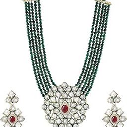 Gold Plated Traditional Ethnic Style Green Beads Mulistrand Alloy Necklace Set With Multicolor Kundan Stone For Girls And Women NL1000585-14
