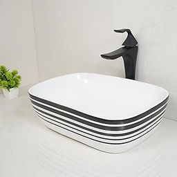 LUXART Ceramic Table Top Vessel Sink | 13 x 18 x 5 IN Wash Basin Over Counter Top Wash Basin | Black Lining Tabletop Bathroom Kitchen Sink For Bathroom & Living Room-image-3