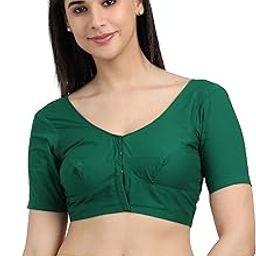Women's 100% Cotton Saree Blouse (Bra Size Fitting) Front Open with Hook Half Sleeve Solid Colour 38 Green .Size (38)-12
