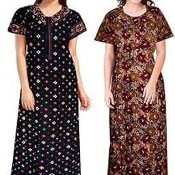 Nighty for Women Cotton Printed Maxi Gown Ankle Length Nighty Navy Blue & Brown - Free Size (Pack of 2)-image-31