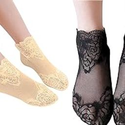 Women's Comfort Rose Pattern Lace Mesh Socks - Non Slip Toe Socks (Pack of 4)-21