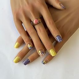 Mesmerayz Celestial Glow Soft Gel Press | On Nails | Purple & Yellow Short Square Nails with Star & Moon Design | 24pcs Nail Set with Glue | Trendy Nail Art for DIY & Reuse-image-62
