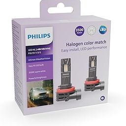 Philips WeatherVision LED car headlight bulb (H8/H9/H16-Fog), ultra-compact direct-fit, Halogen color match, easy install, LED performance, 3500K, set of 2-27