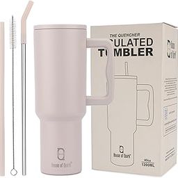 House of Quirk 1200ML Stainless Steel Tumbler Hot and Cold with Handle and Lid 2 Straw, Double Insulated Cup Leak Proof Mug Cupholder for Gym, Travelling (Oatmeal)-image-29