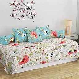 SHOMES Pure Soft Cotton Printed Diwan Set Covers 8 Pieces - 1 Single Bed Sheet (60 X 90) with 3 Cushion (16 X 16), 2 Bolster Covers (16 X 32) - White Aqua Floral-image-84