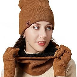 3-Pieces Beanie Hat Scarf Gloves Set - Winter Knitted Set Touchscreen Gloves Slouchy Hat Neck Warmer Keep Warm, Brown, One Size, Brown, One Size-image-33