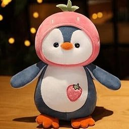 Plush Penguin Stuffed Animal with Strawberry Design, Pink Hat, Navy Blue and White, Soft Toy-image-15