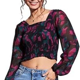 Women's Black & Pink Abstract Printed Smocked Georgette Top with Puff Sleeves| Tops for Women|Tops for Women Tops for Women|College Tops for Women-14