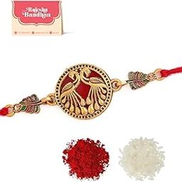 Designer Gold Toned Peacock Rakhi with Roli Chaawal Pack-image-40