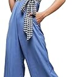 Women's Collared Puff Sleeve Checkered Wrap Regular Crepe Jumpsuit-image-54