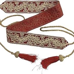 Red Velvet Kamarbandh for Women, Badiya Embroidered Belt with Bead and Tassel Trim for Indian Dresses, sarees, lahenga and more-image-32