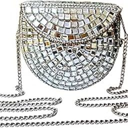 Mini Mirror Bag | Handmade Mirror Clutch - Shoulder Sling for Women & Girls, White Embellishments on Metal | Chain Inner Bag Medium-picture-54