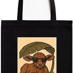 Baby Cow In Shades Black Cotton Tote Bag with A4 Size Printed Pocket for Pet Lovers, Zipper Closure, Eco-Friendly Washable Cloth Bag for Animal Lovers-image-80