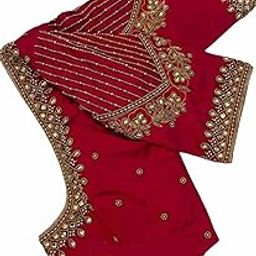Naz Maggam aari Hand Made Work Blouse Piece Red- 1 Meter unstriched-image-50