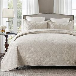 HoneiLife Bedspread Quilt Set Queen - 3 Piece Embroidered Corduroy Bedspreads Luxurious Coverlet Lightweight Bedcover Warm Bedding Set All Season Quilts-Greyish White, Queen Size-image-61
