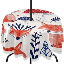 Wajiw 60 Inch Indoor Outdoor Round Tablecloth with Umbrella Hole and Zipper Waterproof Patio Table Cover for Camping Dining Room Party Outdoor Picnic,Foxes-image-39