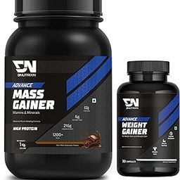 DNUTRIXN Advance Mass Gainer | High Protein with Digestive Enzyme & Multivitamin + Weight Gainer Capsules 30N | Combo Pack (1kg, Chocolate)-image-31
