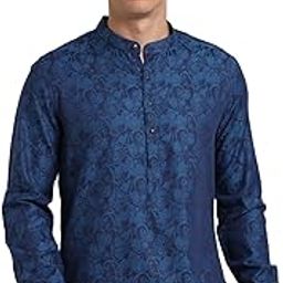 Men 100% Cotton Navy Jacquard Slim Fit Party Kurta Shirt-image-9