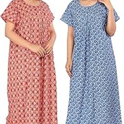 Brand 100% Cotton Nighty for Women || Long Length Printed Nighty/Maxi/Night Gown/Night Dress/Nightwear Inner & Sleepwear for Women's (Combo Pack of 2)-image-90