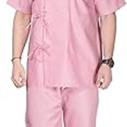 Unisex Cotton Top & Pajama Set, Pink Gingham Check Pattern, Short Sleeve V-Neck Top with Tie Closure-image-35