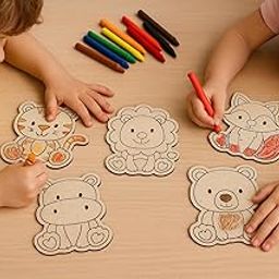 Kids Animal Coloring Cutouts, 3mm MDF Craft Set, 5 Designs - Tiger, Fox, Lion, Hippo, Bear, Educational Activity for Ages 3+-10