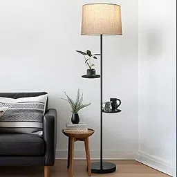 Homesake® Dual Shelf Floor Lamp with Fabric Shade,Nightstand Reading Floor Lamp with Shelves, for Living Room, Office, Bedroom (Jute)-image-1