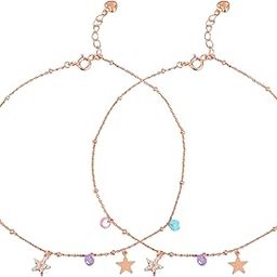 925 Sterling Silver Multicolour Star & Drop Rose Gold Plated Anklet (Pair) for Women | Stylish Silver Jewellery | Gift for Women & Girls | With Certificate of Authenticity & 925 Hallmark-image-32
