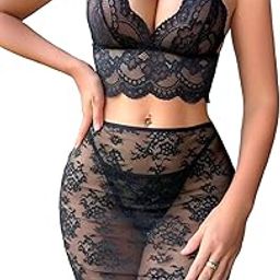 Women's 2-Piece Floral Lace Lingerie Set, Bralette and Sheer Skirt, Black-image-2