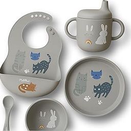 FlourishX Silicone Baby Feeding Set | Complete Tableware Kit for Babies | Toddlers with Plate,Bowl,Sipper, Spoon,Bib(bib Set Grey Pack of 5)-23
