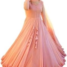 | Long Flair Double Layered Anarkali with Dupatta | Long Sleeves | Round Neck | Georgette | Flared Design | for Women's, Festival, Party and Wedding |-image-49