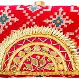 Women Patola with Gotta Flower Designer Women Clasp Clutch with Detachable Chain 8 * 4.5 Inches-image-46