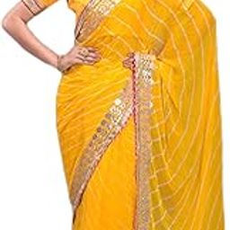 Chiffon Women's/Girls Stylish Tradition Leheriya Gota Patti Lace Work Saree -07,Multi-image-12