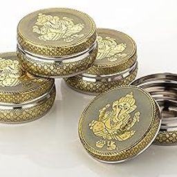 NAVRANG Handicraft Stainless Steel Container Box Meenakari Storage Box Ganesh ji Design Return Gifts Laddu Box Sweet Box (Pack Of 4, Golden)-image-13