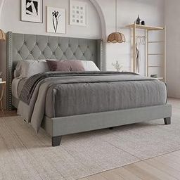 CRIGE Ival Modern Upholstered Queen Size Bed Without Storage Modern Upholstered Headboard Double Bed Wooden Cot Palang for Living Room Bedroom Home (Grey)-image-44