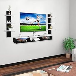 Riano Wall Mount Tv Entertainment Unit/with Set Top Box Stand and Wall Shelf Display Rack for Living Room Black & White (Ideal for Up to 32") Screen(Engineered Wood)-picture-0