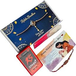 Premium Raksha Bandhan Gift Box for brother with Designer Rakhi, Greeting Card, Roli Chawal and Pocket Perfume-59