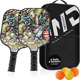 NEWDRU Pickleball Paddle Set 2 Premium Rackets & 4 Ball - Fiberglass Surface for Power & Control | Honeycomb Base Cushion Comfort Grip (2 Rackets, 4 Outdoor Balls with Portable Racquet Bag) - Doodle-image-48