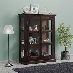 Homyie Woods Glass Door Display Cabinet, Solid Wood, 3 Shelves, 115 x 90 x 35 cm, Brown (Walnut Finish)-image-3