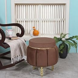 INTERIORS SPOT Ottoman Pouffes Sitting Mudda Puffy Wooden Leg Stool for Living Room Dressing Table Pouf Round Footstool for Home Decor, Holland Velvet, 16x16x18 Inch, Metal, Mouse-image-69