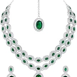 atasi international American Diamond Kundan Style Silver Plated Green Crystals Necklace with Earrings and Maang Tika Jewellery Set for Women Suited for Party, Wedding, Engagement (RDG6191)-picture-1