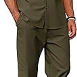 Men 2 Piece Cotton Cuban Collar Button Down Shirt Casual Loose Pant Sets,Cord Set For Men-picture-7
