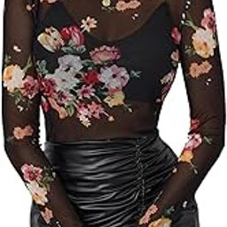 The Prime Store Mesh Crop Top with Unique Print ? Sheer Short Sleeve Aesthetic Tee, Ruffled Hem Vintage Streetwear Summer Top-image-95