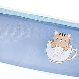 wolpin Pencil Pouch Mesh Nylon Bag, See Through Pencil Pouch with Zipper Closure Portable Makeup Pouch, Case Cute Stationery Bag for Students Girls Adults Office (Blue Cat)-image-22