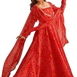 Women's Traditional Bandhani Printed Anarkali Gown with Dupatta Set – Ethnic Long Flared Dress-picture-14