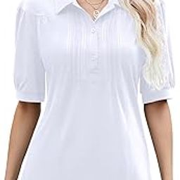 Women's V Neck Polo Shirts Short Sleeve Button Down Collared Tops Loose Casual Tunic Blouses, White, Large-image-40