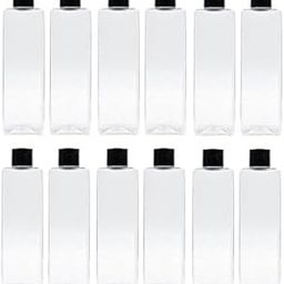 MeeTo 200ml Clear Pet Empty Bottle with Black Flip Top Cap Reusable Leak Proof Squeeze Bottles For Hair Oils, Shampoo, Lotion, Conditioner,Sanitizer, Cream (Square, 12)-12