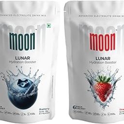 Moon Lunar Blueberry and Lunar Strawbweery Combo Hydration Booster | Drink Mix With Enriching Nutrients | Low Sugar Energy Drink Mix | 100% Natural & Healthy | Instant Electrolyte Replacement 96g-1