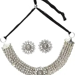 bling queen Women's Silver Plated Oxidised Antique Choker Necklace And Earring Jewellery Set, Choker Necklace Set Stylish Indian, Latest Fancy Design Jewelry Set, Flower Design Necklaces For Women-picture-6