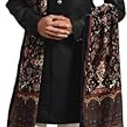 Men's Indo-Western Sherwani Churidar with Dupatta Set, Black Cotton Blend, Solid Dyed Regular Fit Mandarin Collar Long Sleeves-image-8